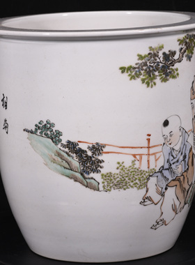 大清光绪年官窑内造俞子明绘浅绛彩高士图纹画缸卷缸