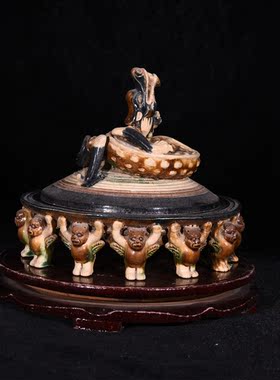 大唐三彩力士蟠龙辟雍砚台