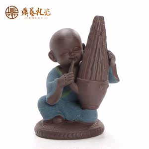 鼎艺 彩砂陶茶宠摆件 个性功夫茶具配件 宜兴紫砂小和尚