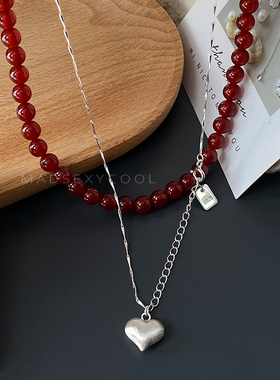 S925纯银拉丝立体桃心吊坠锁骨链