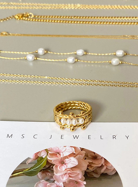 中古编织女钛钢法式淡水珍珠戒指