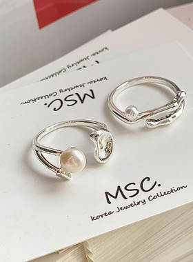 几何设计珍珠戒指镀银冷淡风女