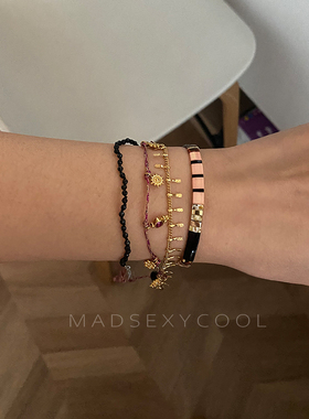 轻奢小众精致南法度假风手链女黑晶石流苏民族风多层叠戴手镯时尚