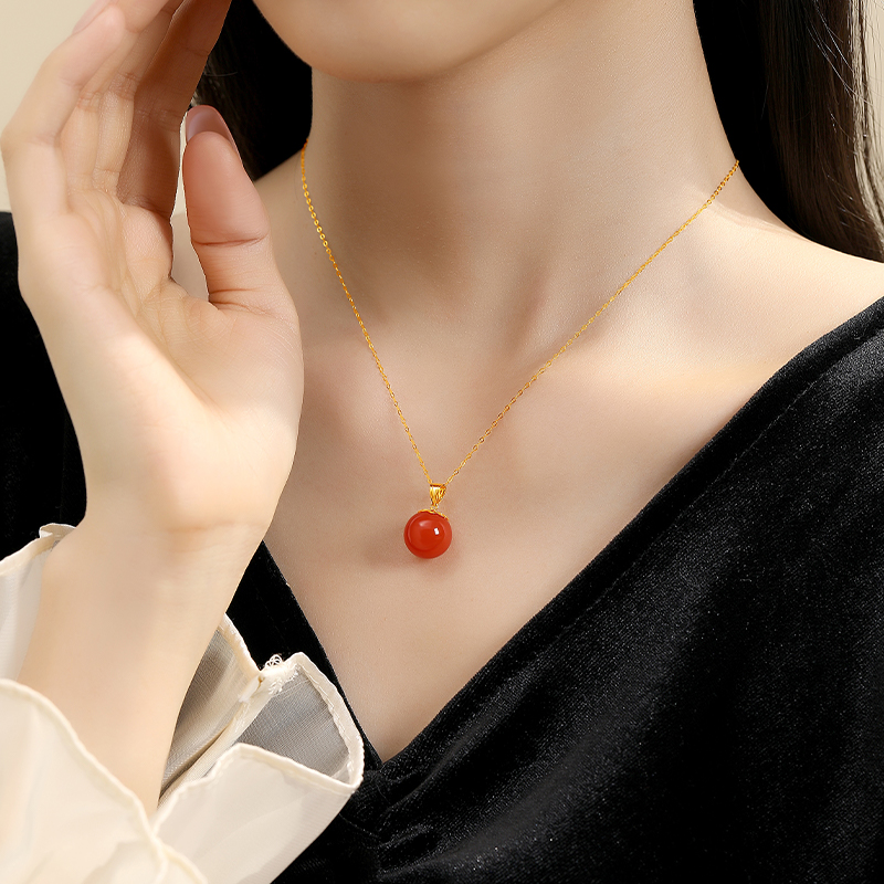 天然保山冰红18K金吊坠项链女南红玛瑙单珠满色满肉本命年毛衣链 - 图2