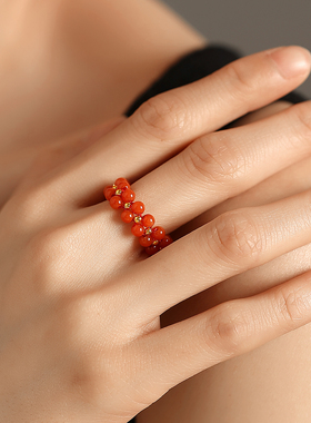 天然原矿瓦西料南红编织双层女戒