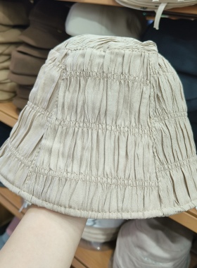 日系贴布褶皱水桶帽子女百搭复古显脸小街头时尚秋冬高级感渔夫帽