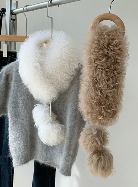 新款羊羔毛磁吸扣皮毛一体围巾女秋冬双面真毛雪球毛领可爱围脖
