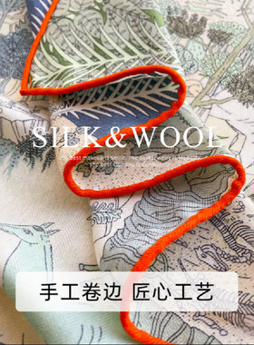 真丝羊毛动物狂欢蓝色65丝毛方巾