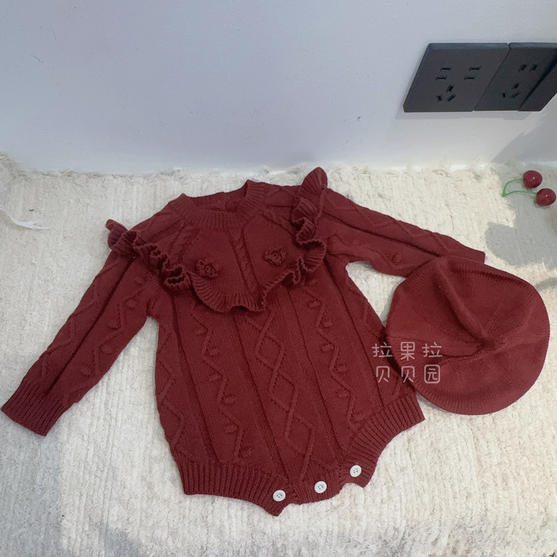 拉果宝宝新年红毛线哈衣婴儿针织连体衣安哥拉红荷叶边包屁衣套装,淘宝优惠券,粉丝福利购,淘宝优惠卷