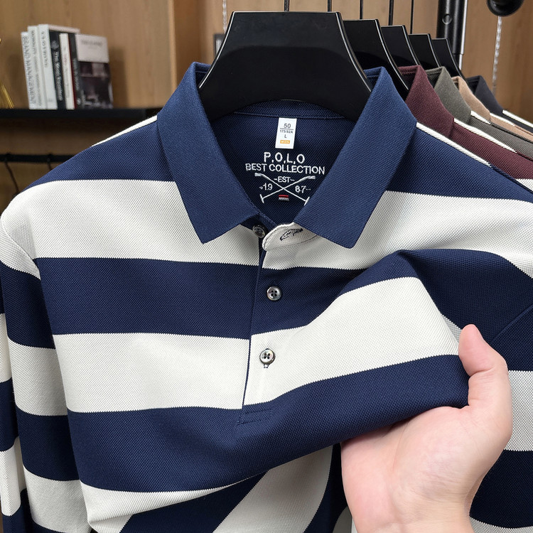 Hengyuanxiang men's long-sleeved cotton T-shirt autumn new casual loose striped POLO shirt for middle-aged and elderly dads