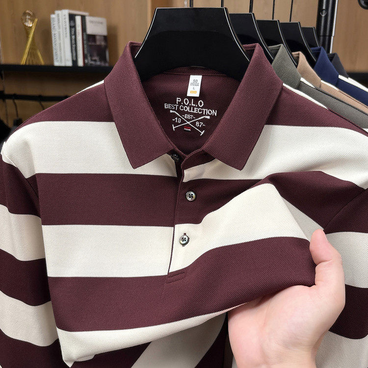 Hengyuanxiang men's long-sleeved cotton T-shirt autumn new casual loose striped POLO shirt for middle-aged and elderly dads
