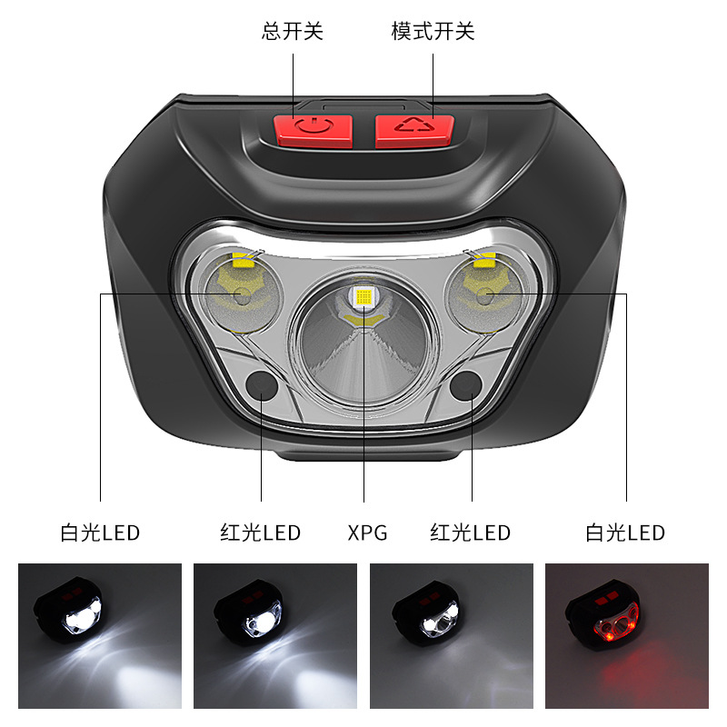 新款XPG+红光LED防水6模式强光户外头灯干电池款头灯夜钓灯