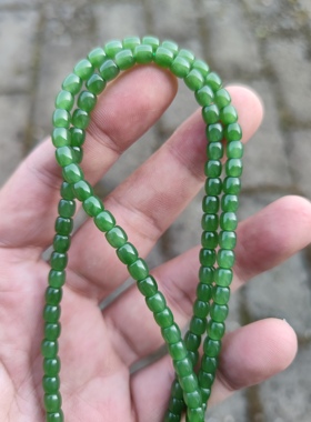 和田碧玉项链冰底阳绿满色老料横切珠项链6*7毫米118颗毛衣链无裂