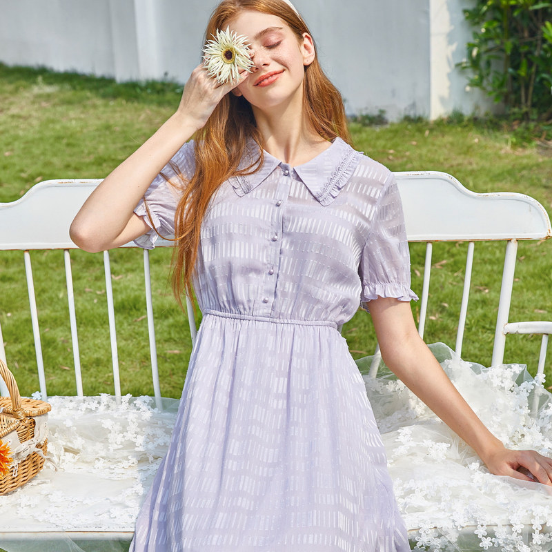 秋水伊人雪纺紫色中长款气质收腰 秋水伊人连衣裙