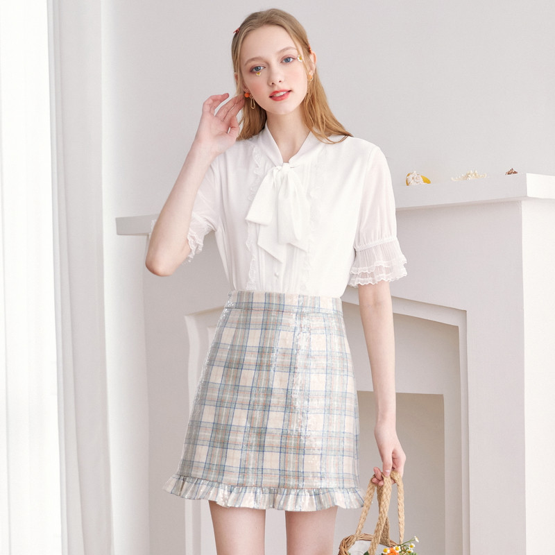 秋水伊人白色雪纺气质洋气夏季衬衫 秋水伊人衬衫