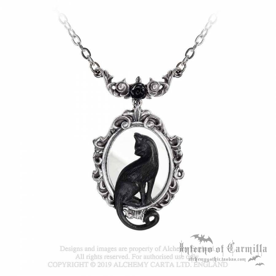 Alchemy Gothic P895 Feline Felicity黑猫玫瑰镜子哥特肖像项链-图1