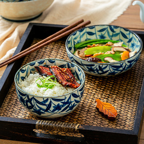 日本进口黄泥桔梗米饭碗陶瓷釉下彩汤碗家用餐具套装复古盘子钵碗 - 图1