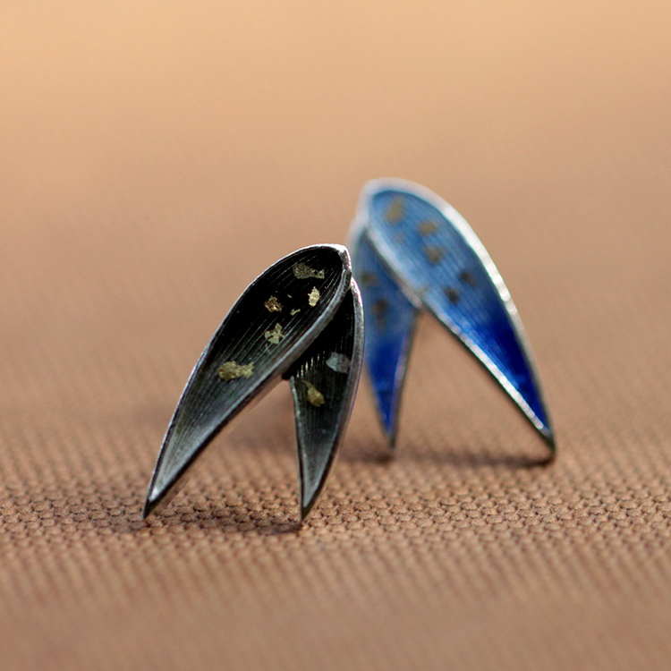 身境饰物‖枯荣‖竹叶耳钉 足银 高温珐琅 国风 不对称耳饰 - 图1