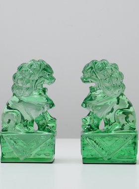 新中式创意绿色狮子摆件一对家居装饰品酒店客厅玄关招财镇宅摆设
