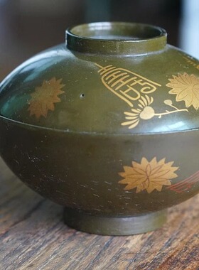 日本木胎手绘大漆金莳绘老茶杯