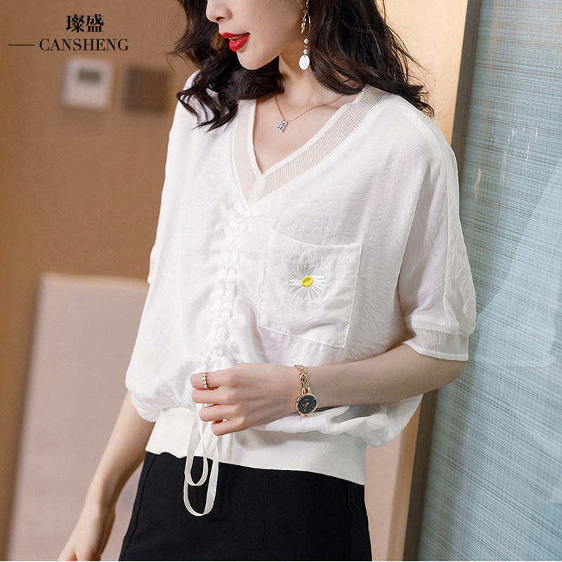 大码雪纺衫胖mm遮肚韩版抽绳小衫衣 璨盛蕾丝衫/雪纺衫