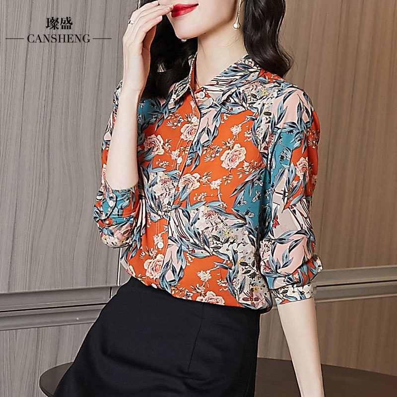 欧货印花女复古撞色雪纺气质衬衫 璨盛衬衫