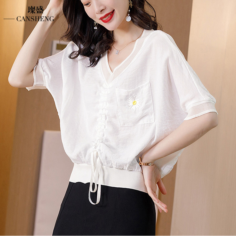 大码雪纺衫胖mm遮肚韩版抽绳小衫衣 璨盛蕾丝衫/雪纺衫