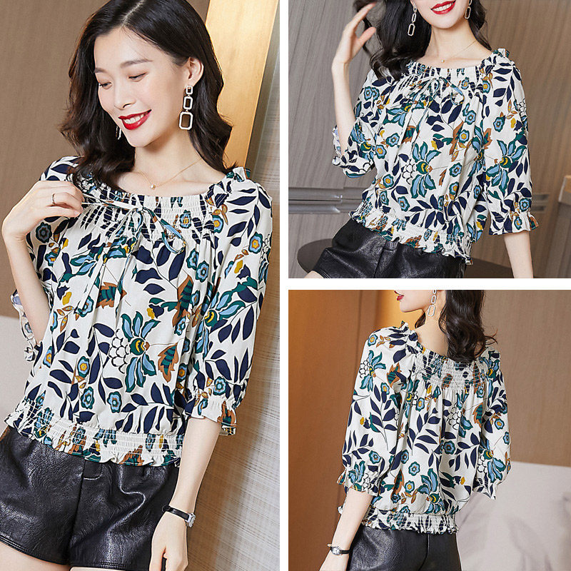 中袖女初秋七分袖短款碎花雪纺衫 璨盛蕾丝衫/雪纺衫