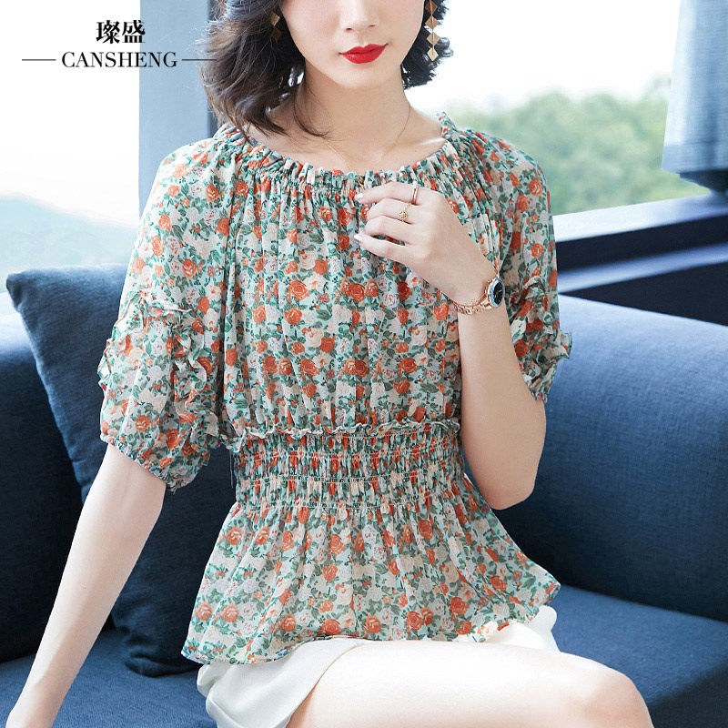 女土衫衣一字肩印花温柔风夏雪纺衫 璨盛蕾丝衫/雪纺衫