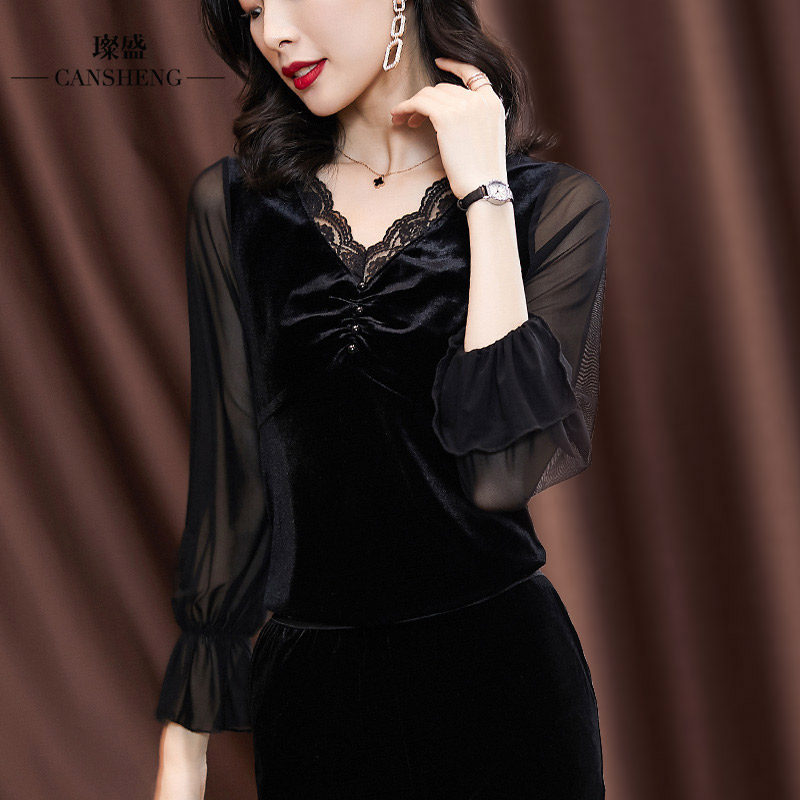 丝绒复古法式胸前镂空蕾丝女小衫 璨盛蕾丝衫/雪纺衫