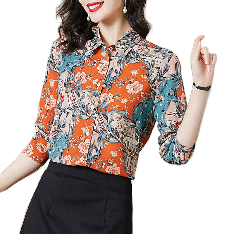 欧货印花女复古撞色雪纺气质衬衫 璨盛衬衫