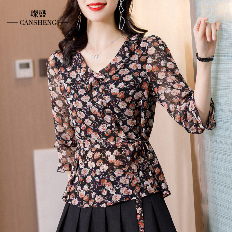 翠花女式韩国碎花修身收腰雪纺衫 璨盛蕾丝衫/雪纺衫