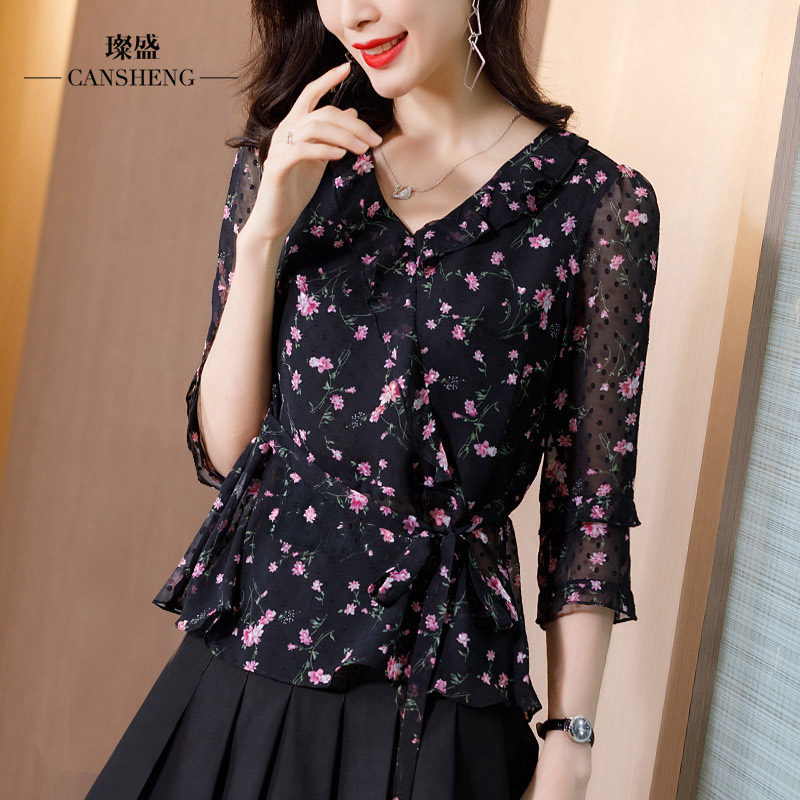 翠花女式韩国碎花修身收腰雪纺衫 璨盛蕾丝衫/雪纺衫