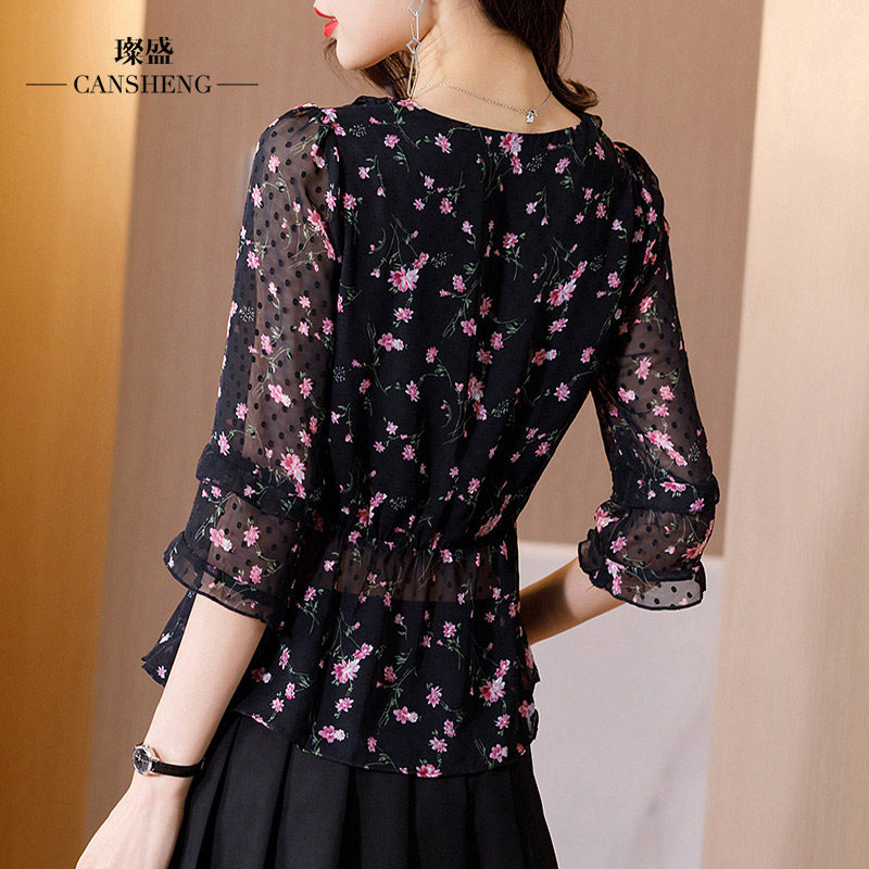 翠花女式韩国碎花修身收腰雪纺衫 璨盛蕾丝衫/雪纺衫