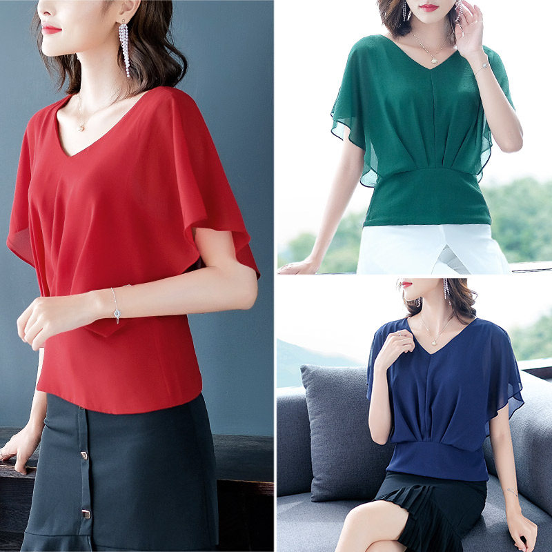 配裙子的雪纺减龄短袖遮肉搭小衫 璨盛蕾丝衫/雪纺衫