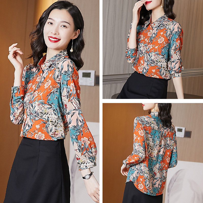 欧货印花女复古撞色雪纺气质衬衫 璨盛衬衫