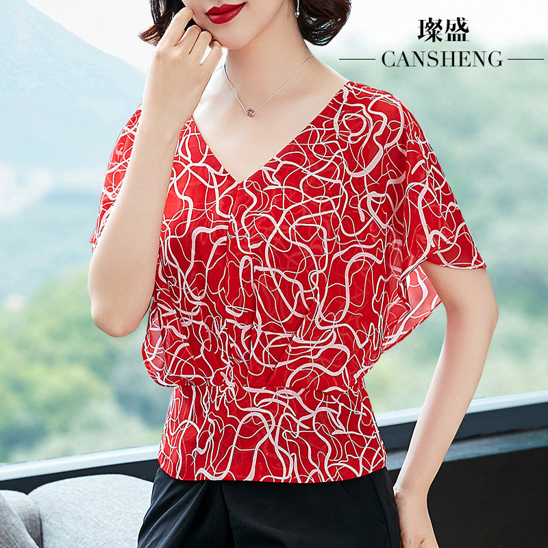 配裙子的雪纺减龄短袖遮肉搭小衫 璨盛蕾丝衫/雪纺衫