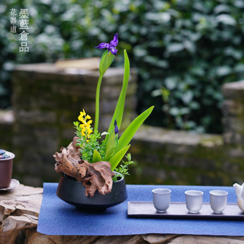 碗型复古墨黑花器禅意陶瓷中式插花器皿日式花道花盘多肉仿古花盆_虎窝淘