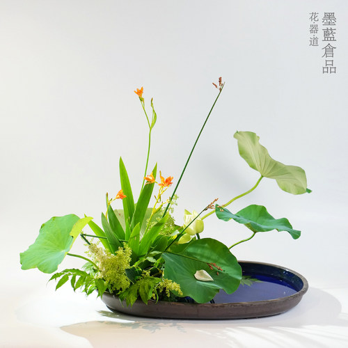 日本进口椭圆花器 小原流琳派乌尼盘日式插花 写景盛花 特大加大 - 图1