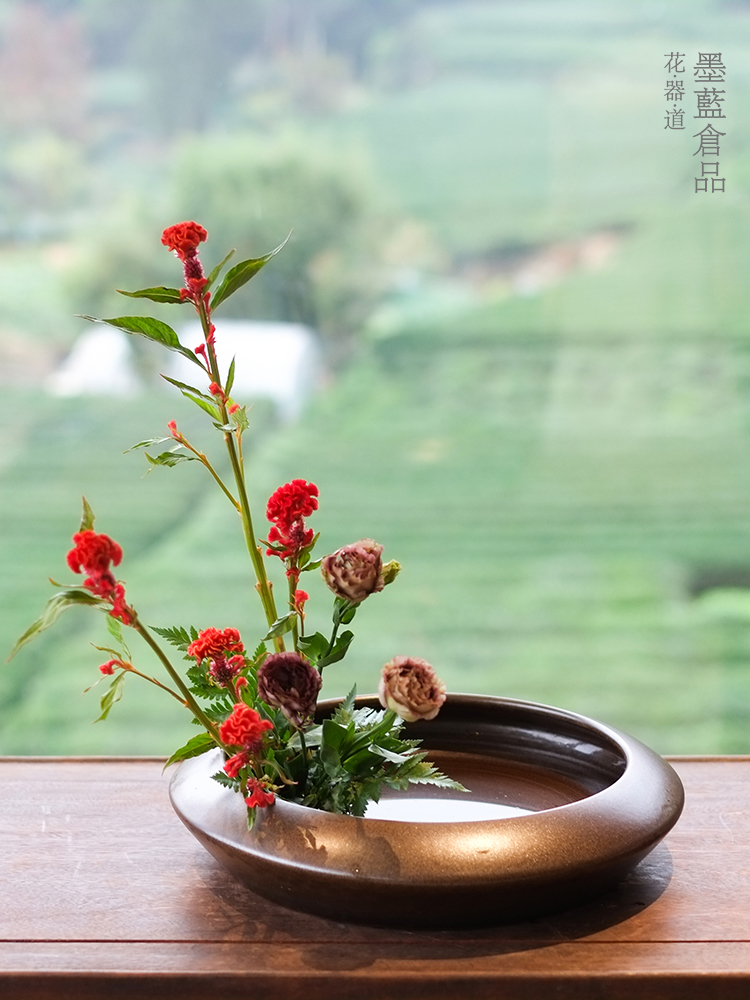 写景特大花盘中华花艺陶瓷插花花器禅意复古中式日式花道花盆器皿 - 图1