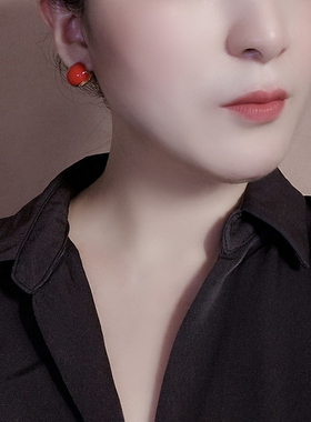 相思豆蓝色珐琅耳环女球形耳扣