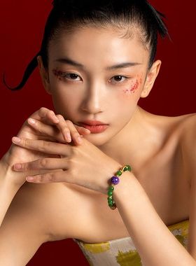 现货天然和田碧玉手串女款S925银镀18K金紫龙晶8mm圆珠手链工厂