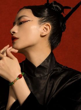 现货天然和田碧玉手串女款S925银镀18K金南红9mm圆珠手链源头工厂