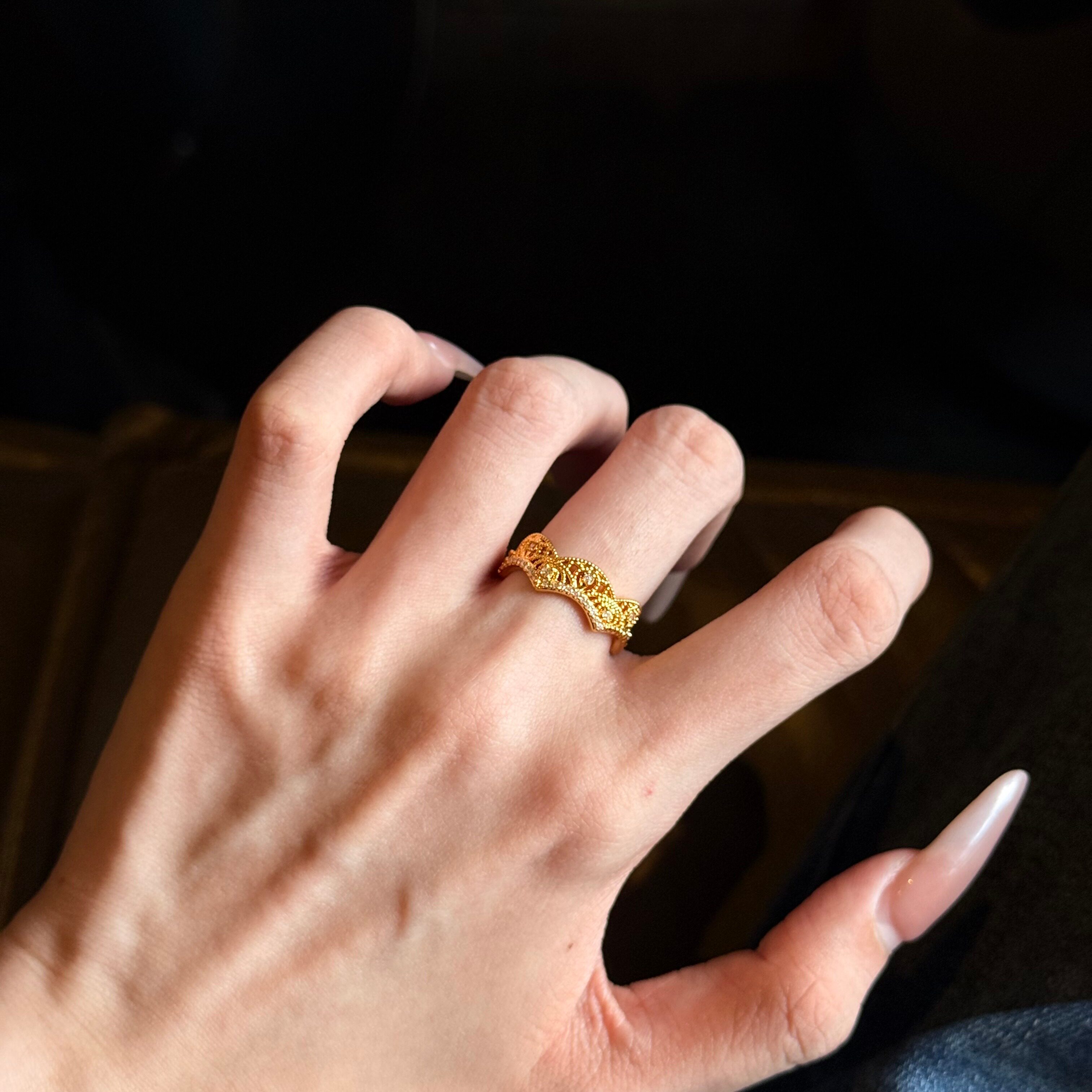 5D pure gold 999 diamond lace crown ring