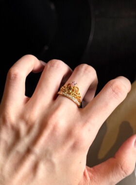 5D足金999镶嵌钻石点钻粉色皇冠戒指新款2025水贝黄金送礼送女友