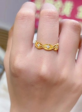 古法足金999花丝镂空黄金点钻石戒指新款2025水贝黄金