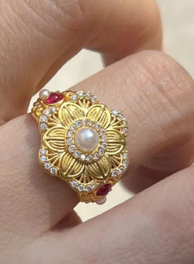 足金999宫廷花丝珍珠黄金戒指