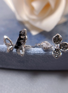 四叶黑色晶石蝴蝶开口戒指时尚食指戒中指戒配饰925饰品