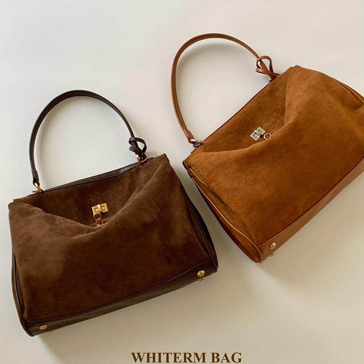 肉肉陈Whiterm秋冬复古高级感绒面拼接单肩锁扣凯莉包手提斜跨包,淘宝优惠券,粉丝福利购,淘宝优惠卷