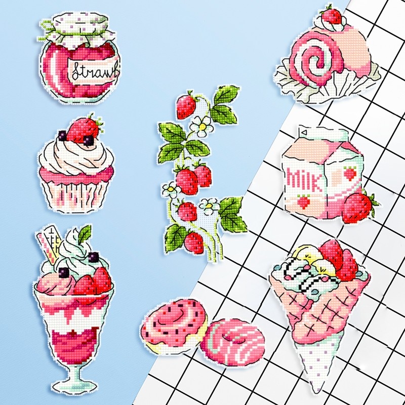 法国DMC十字绣套件粉色甜品糕点卡通冰激凌冰箱贴餐厅贴片杯垫 - 图0